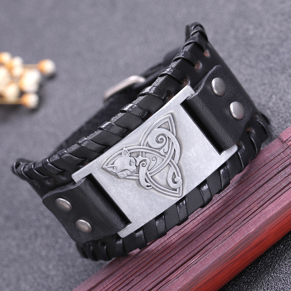 [Z H Perhiasan] Hip Hop Rock Retro Pria Fashion Stainless Steel Viking Fox Rune Gelang Kulit Pesta Perhiasan Aksesoris