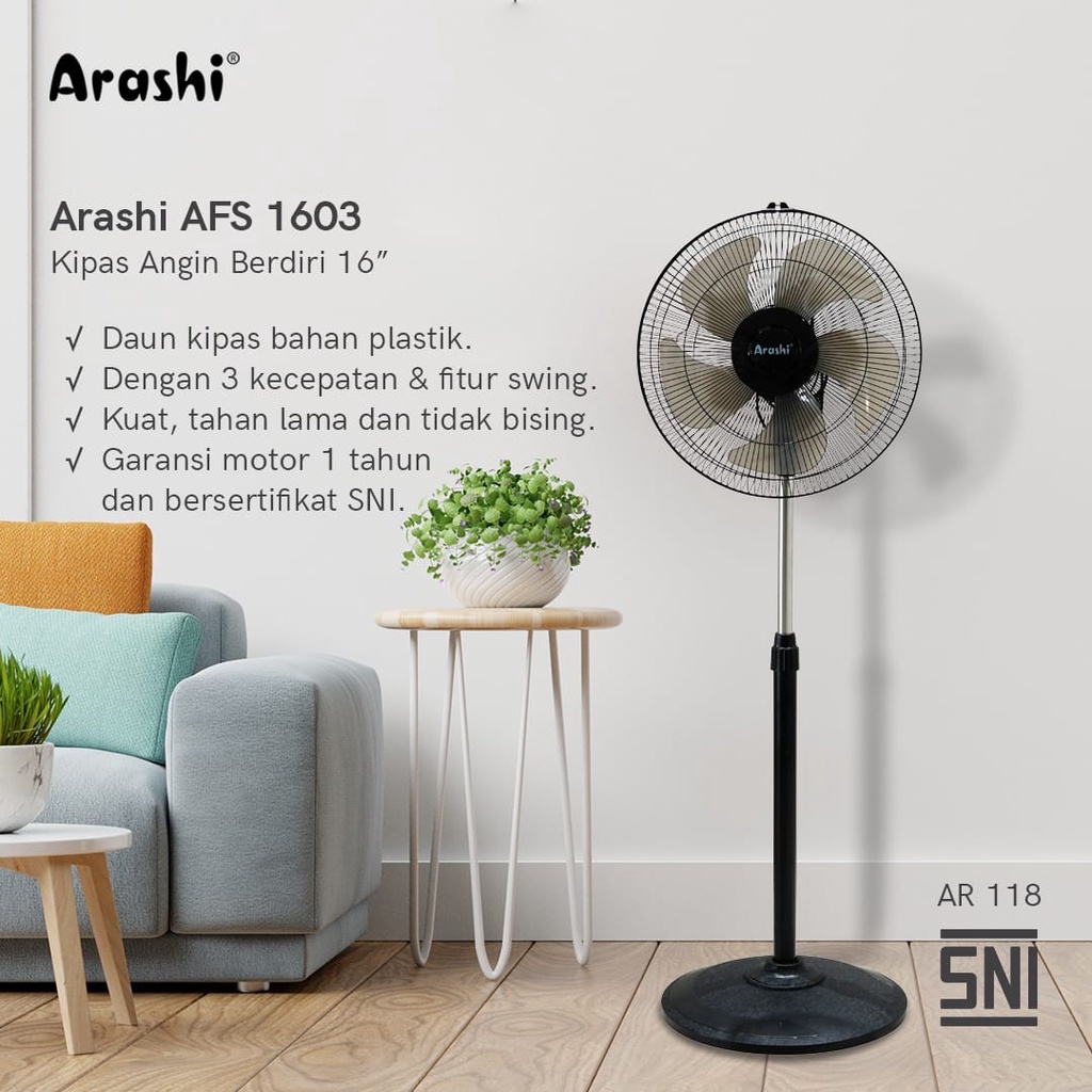 Arashi Kipas Angin Berdiri Stand Fan 16&quot; Inch 50 Watt  Afs 1603 Plastic &amp; Afs 1604 Aluminium