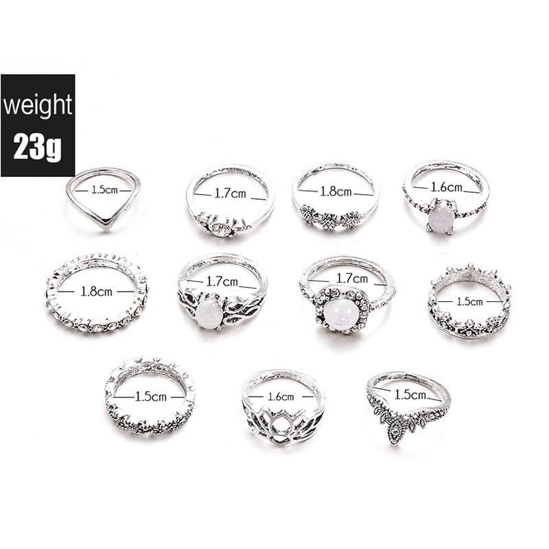 11pcs / Set Cincin Knuckle Desain Totem Gemstone Hollow Untuk Wanita