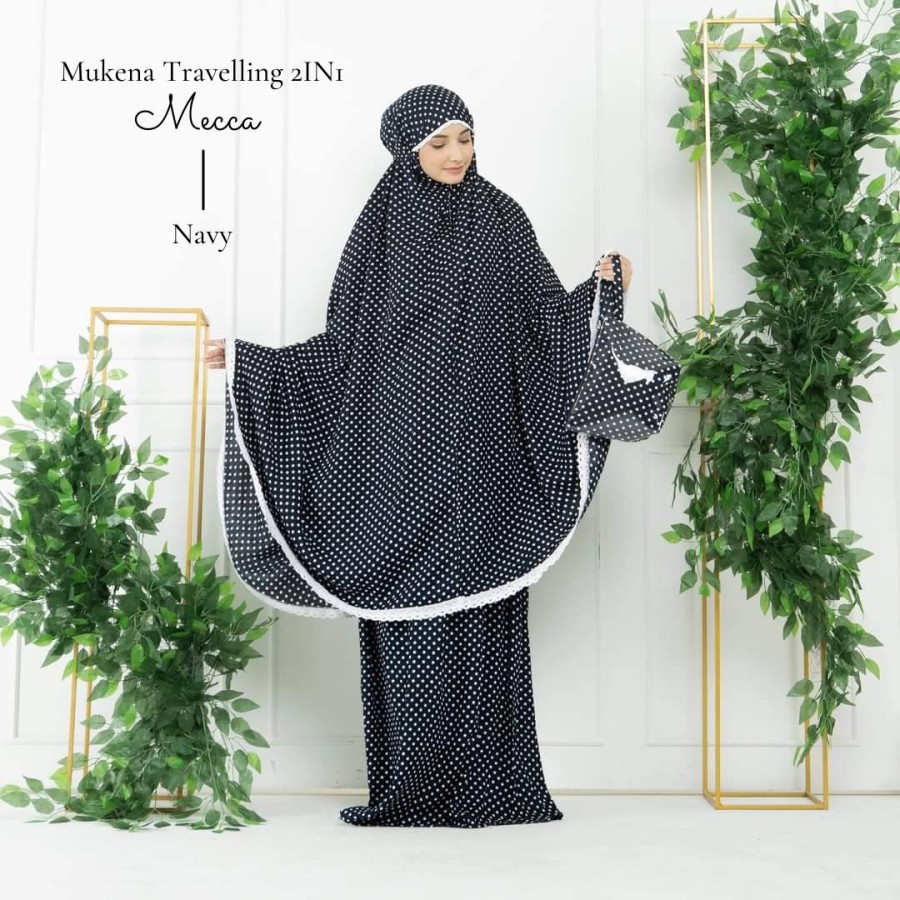 Mukena Dewasa 2 in 1 Al-Mecca Renda Mewah Traveling Cantik navy motif polkadot hitam  terbaru Z1L8