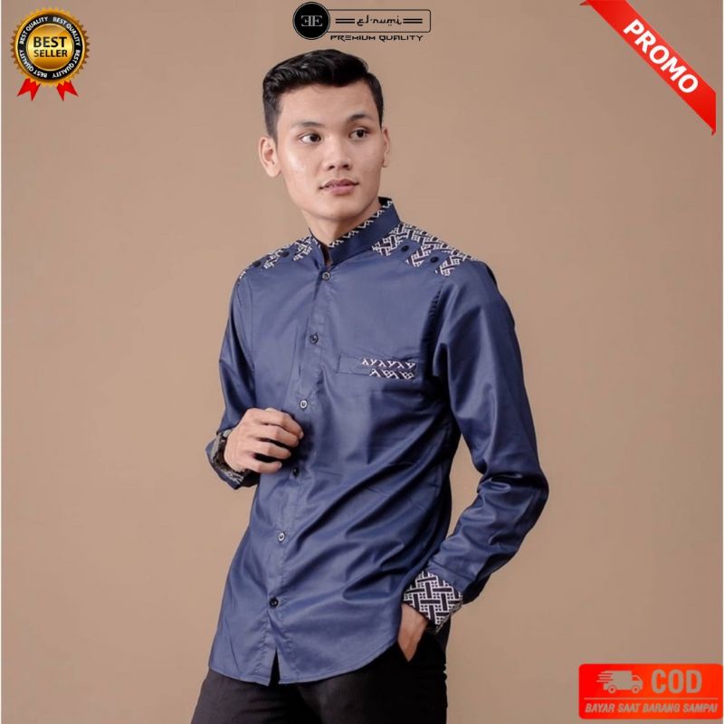 Baju Koko Pria Lengan Panjang Kombinasi Batik Catur Original Elrumi Bahan Toyobo Cassual Premium Sli