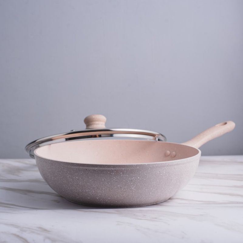 Super PAN WOK ( WAJAN ) 28 cm + GLASS LID Granite Beige Original BOLDe