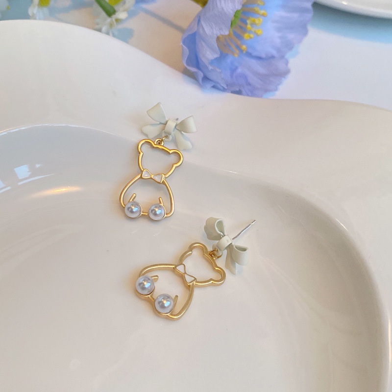 Anting Tusuk Gantung Desain Pita + Beruang Hollow Gaya Trendy Untuk Wanita