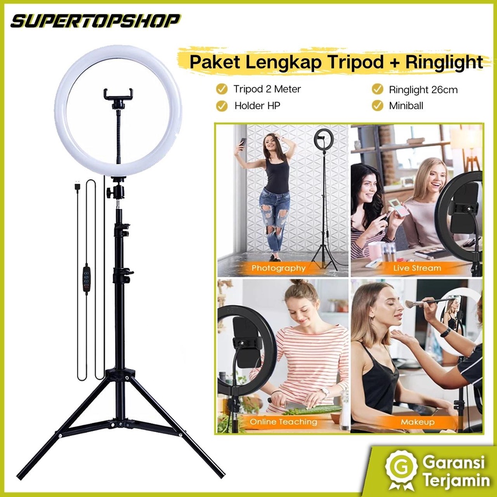 Tripod Ringlight Paket Selfie Tripod Lengkap Tripod 2.1 Meter dengan Lampu 26cm plus Holder Hp dan Head miniball 360 Derajat