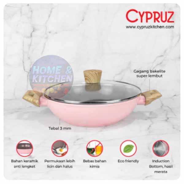 Cypruz Kuali Pink 24 / 26 / 28 / 30 cm Marble Induksi Wok Pan Tutup Kaca Wokpan Ceramic Wajan Anti Lengket