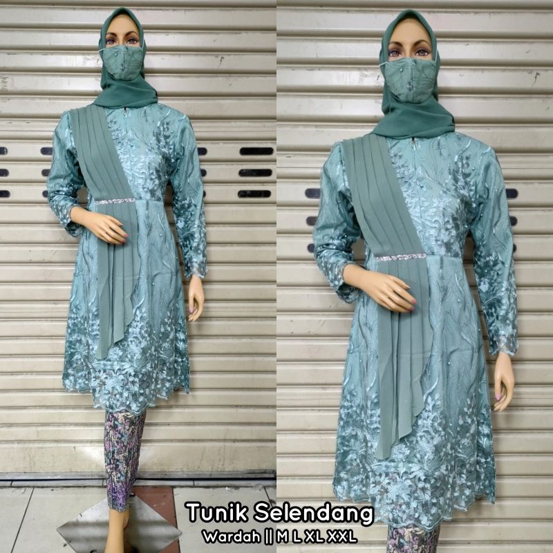 Setelan Kebaya Tunik Selendang Kareema Busui Friendly Bahan Tulle Full Bordir Mix Ceruty Babydoll