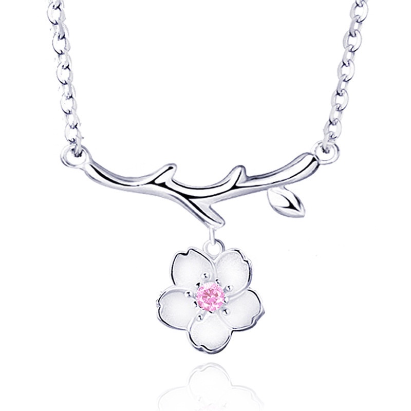 [Ready Stock]Fashion Pink Diamond Purple Diamond Cherry Blossom Necklace Flower Branch Pendant