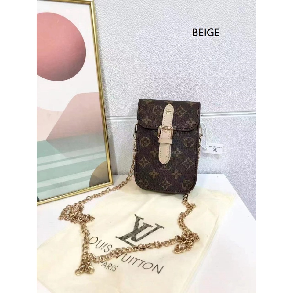 BJ60442 (DAPAT INVOICE TANPA BOX) - BEIGE/BLACK/BROWN - TAS DOMPET HP SLEMPANG KECIL WANITA FASHION IMPORT MODIS ELEGAN TERMURAH TERLARIS TERBARU BAGSTORE JAKARTA TAS BATAM ZC0442