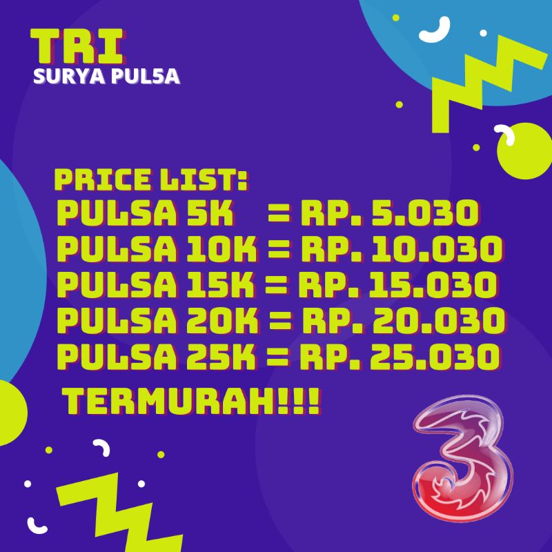 Pulsa Tri SUPER MURAH Harga Agen / Pulsa Tri Murah / Pulsa / Voucher Pulsa
