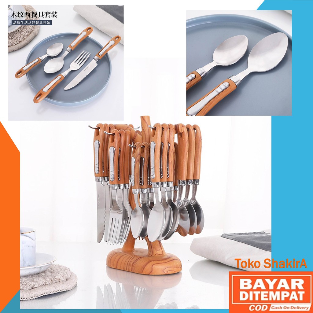 SENDOK MAKAN KAYU SET TEMPAT SENDOK KAYU UNIK GANTUNG STAINLESS POHON SET 24 PCS