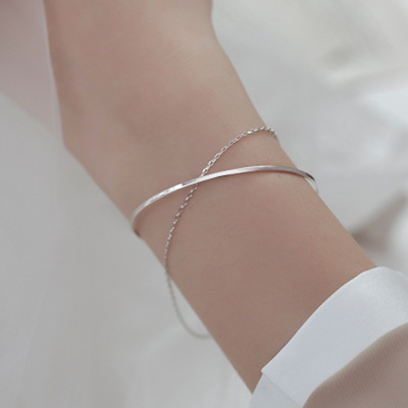 Gelang Bangle Dua Lapis Bahan Alloy Warna Silver Untuk Wanita