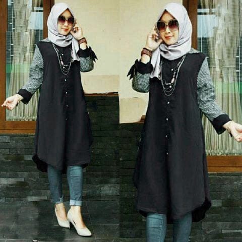Tunik rosela hitam FT tunik wanita katun hitam Fashion Muslim murah Blouse Muslim murah