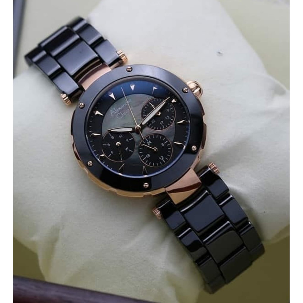 Alexandre Christie Ac 2807 Rosegold White / Black Ceramic Jam Tangan Wanita Original