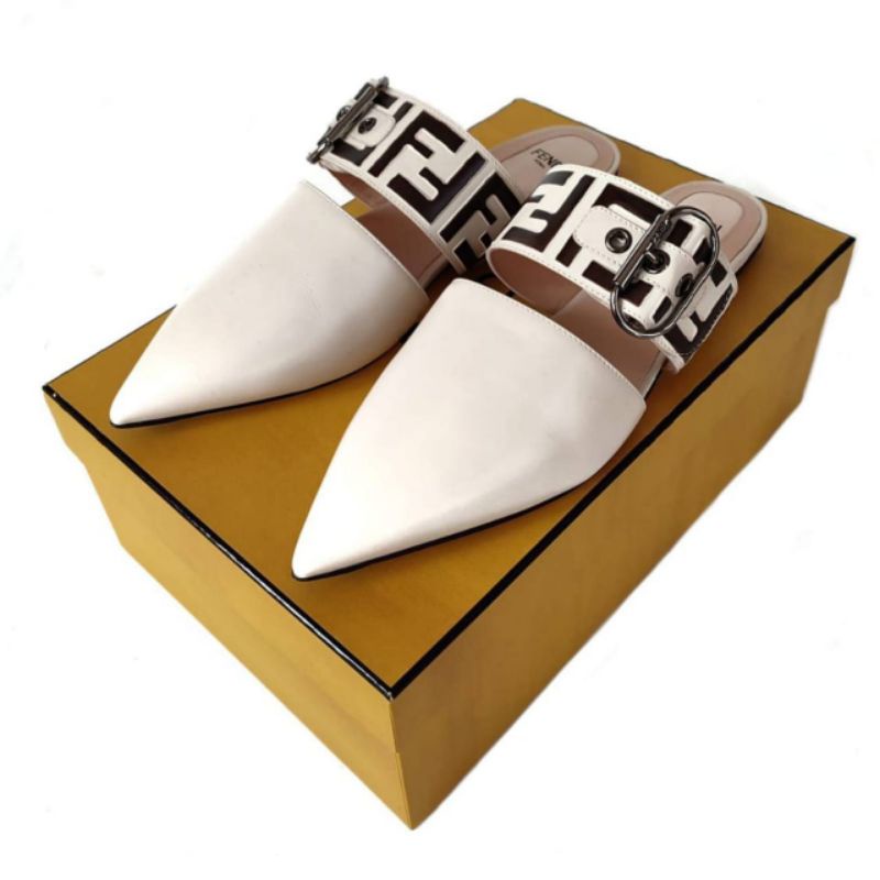 Fendi Shoes Logo Mules Calf White Original