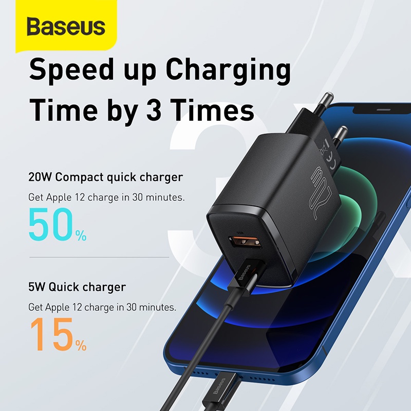 Baseus Kepala Charger Quick Charger QC3.0 Type-C+USB 20W PD Fast Charge