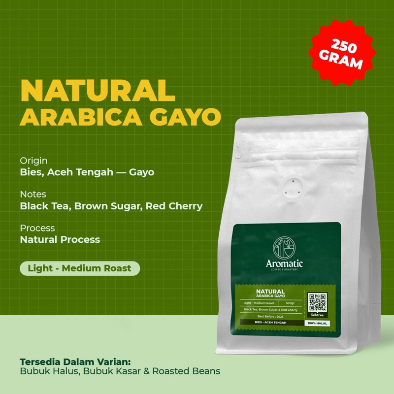 

AROMATIC COFFEE Kopi Natural Arabica Gayo 250 gram (BIJI/BUBUK)