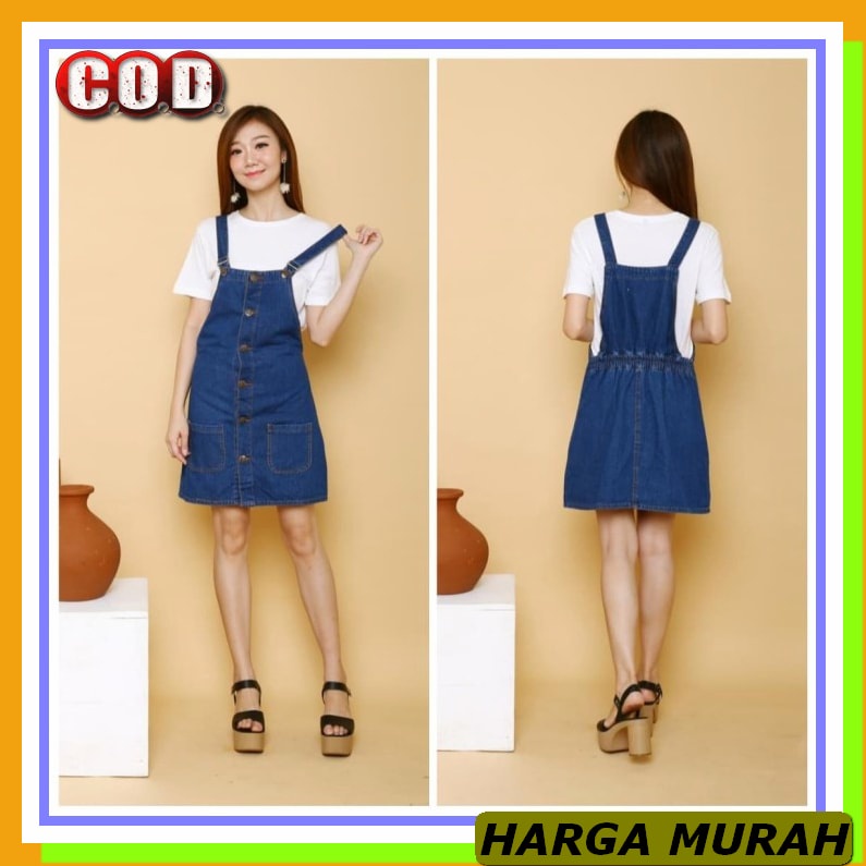 Grosir Baju Jumpsuit Wanita Terbaru Kasual Kerja Set Stelan Baju  LE411 [Overall Rok Jeans Dark Blu