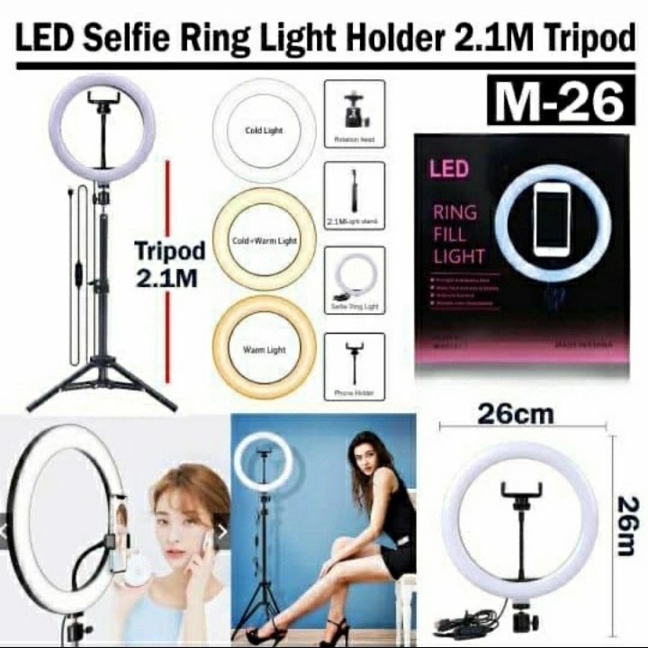 PAKET RING LIGHT 26M 10 INCH GRIP TRIPOD 2,1 METER TIKTOK VIDEO MAKE UP LAMPU VLOG 210CM