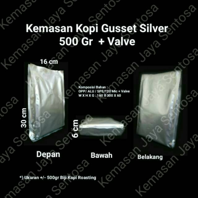 Kemasan Kopi Gusset Silver 500 + Valve.Standing Pouch.Kemasan Kopi.