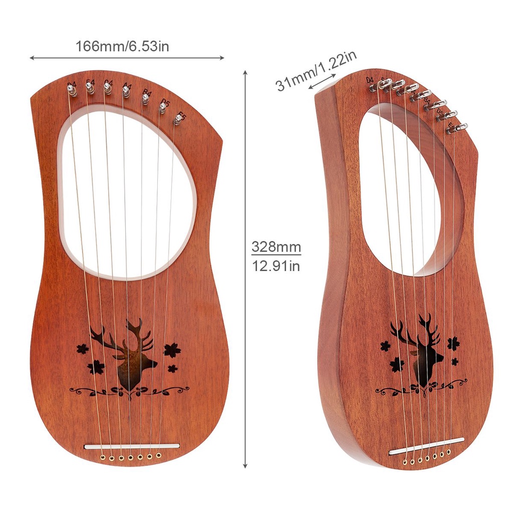 Harpa Kayu Mahoni Solid 7 Senar Ukir Rusa Dengan Tuning Hammer String