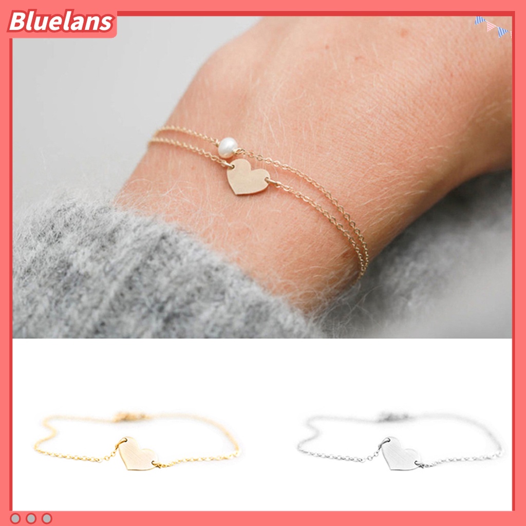 Bluelans Gelang Rantai Ganda Bentuk Hati Aksen Mutiara Tiruan Warna Solid Untuk Wanita