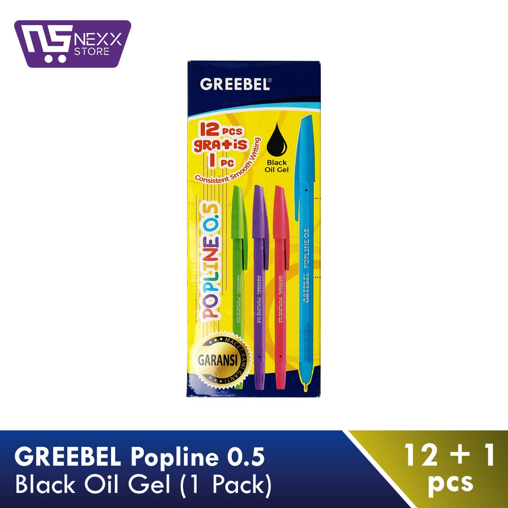 

GREEBEL Bolpen Popline 0.5mm (VARIAN WARNA) 1 PACK isi (12+1Pcs) - Tinta Hitam