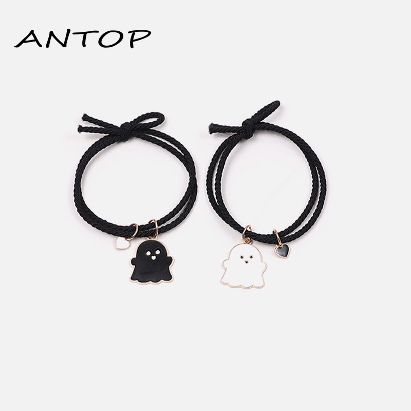 2Pcs Gelang Couple Pasangan Hitam Tenun/Lucu Hantu Magnet Kapel Persahabatan Wanita Dan Pria Adjustable Gelang