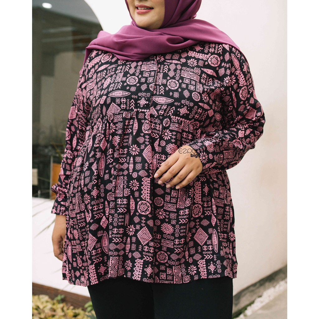 Ezpata Tunik Wanita Ethnic  Bigsize Jumbo Busui Friendly Katun Rayon Adem LD 130 cm LD 140 cm Kancing Depan Motif Etnik Terbaru