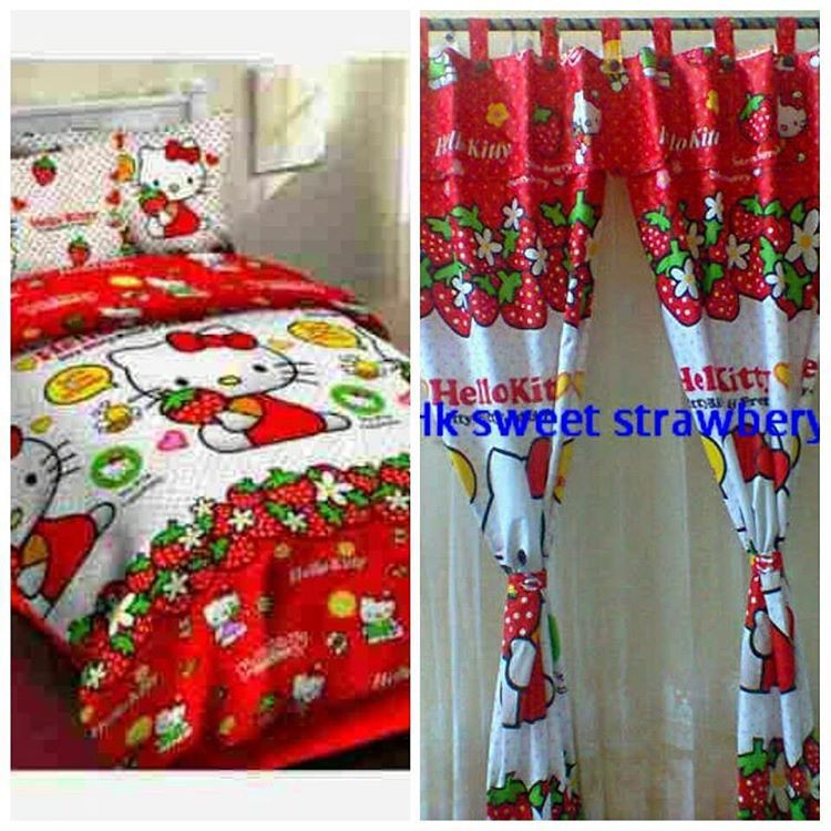 Ready 1set  sprei dan gorden Motif hellokitty strawberry