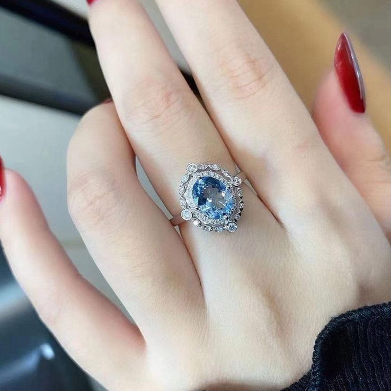 Cincin Bentuk Oval Bahan Cubic Zirconia Warna Biru Untuk Wanita