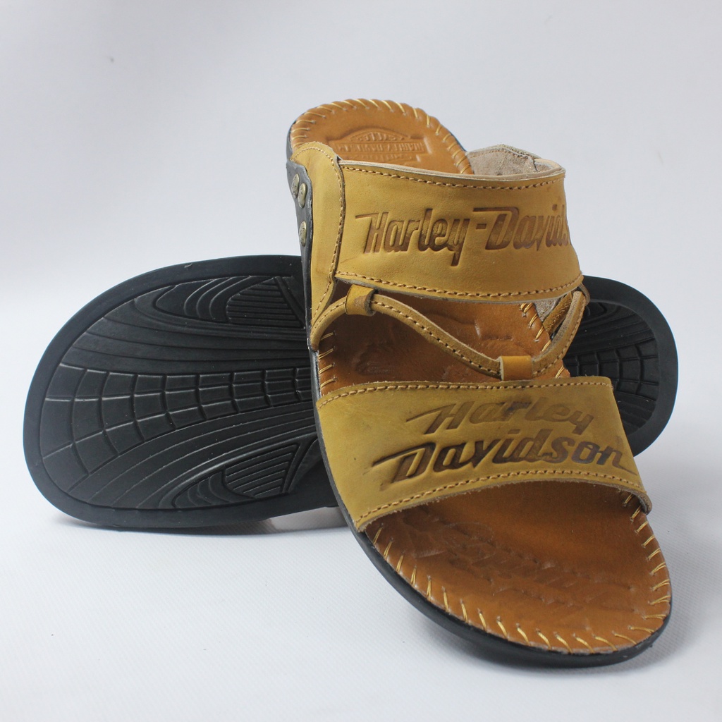 Sandal Kulit Asli Harley Davidson Full Up Sendal Kulit Asli Pria Sandal Slop Casual / Sendal Jepit Cowok Slide Herley Kulit Gosok - SH03-TAN