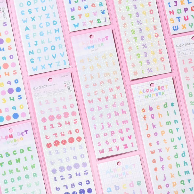 

Floralwhite 2 lembar stiker PET alphabet number rainbow color glitter scrapbook jurnal planner DIY pastel