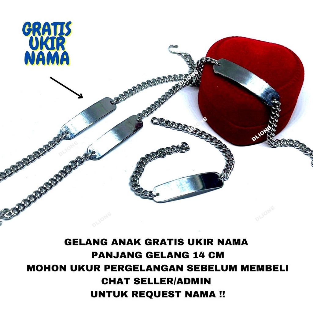 GELANG NAMA ANAK,GELANG ANAK BAJA PUTIH,GELANG MONEL ANTI KARAT PANJANG 14 CM