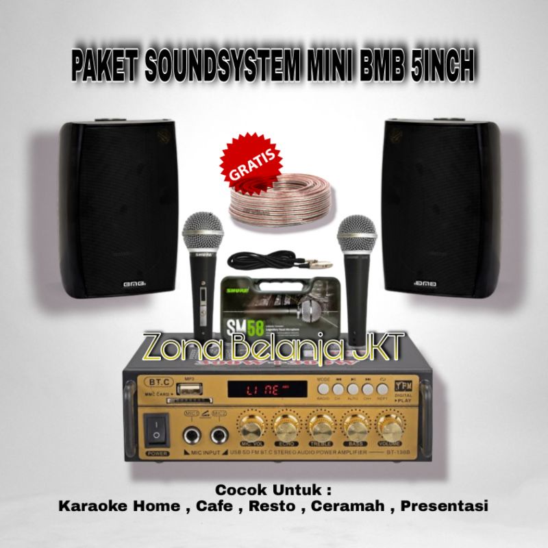 PAKET SOUND SYSTEM BMB MINI KARAOKE CAFE RESTO INDOOR OUTDOOR 2 UNIT SPEAKER 5 INCH BMB ( BMB 1 )