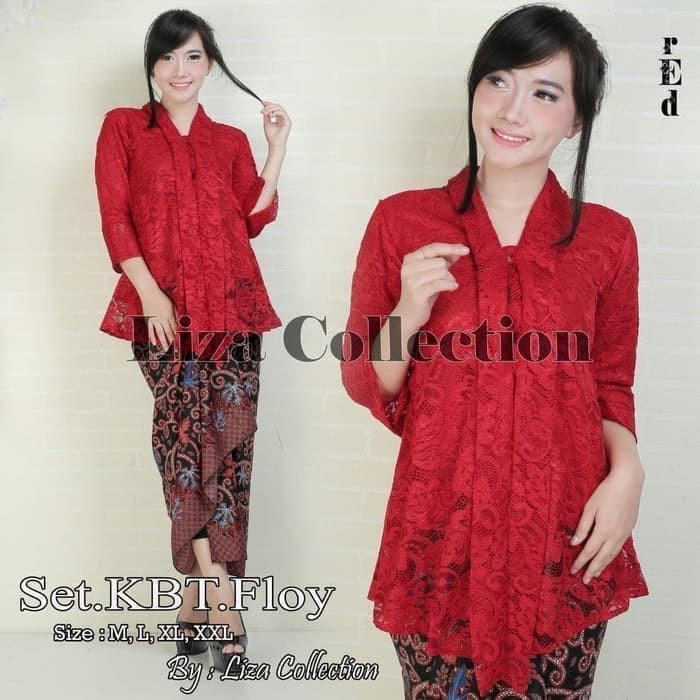setelan kebaya brokat floy modern / kebaya floy merah - Merah, M