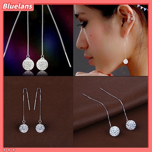 Anting Panjang Menjuntai Bentuk Bola Berlian Imitasi Lapis Perak Untuk Wanita