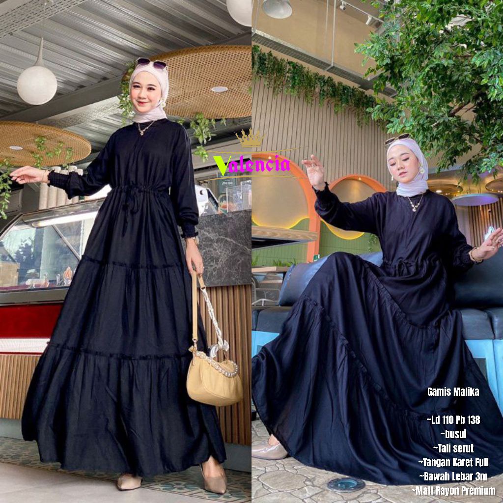 Gamis Susun Malika Polos Rayon Premium Dress Wanita Lengan Panjang Longdress Plain Bigsize LD 110 cm