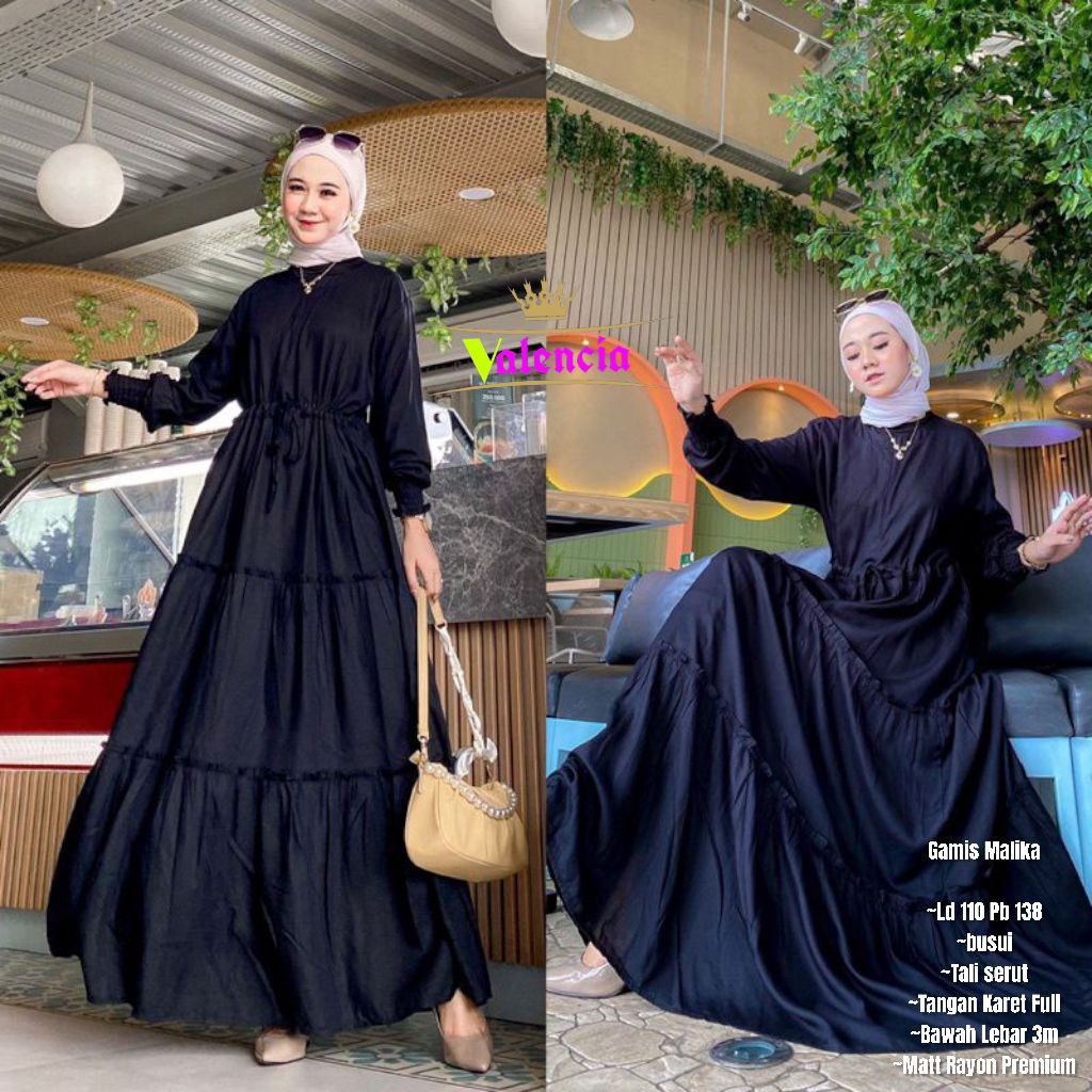 Gamis Susun Malika Polos Rayon Premium Dress Wanita Lengan Panjang Longdress Plain Bigsize LD 110 cm