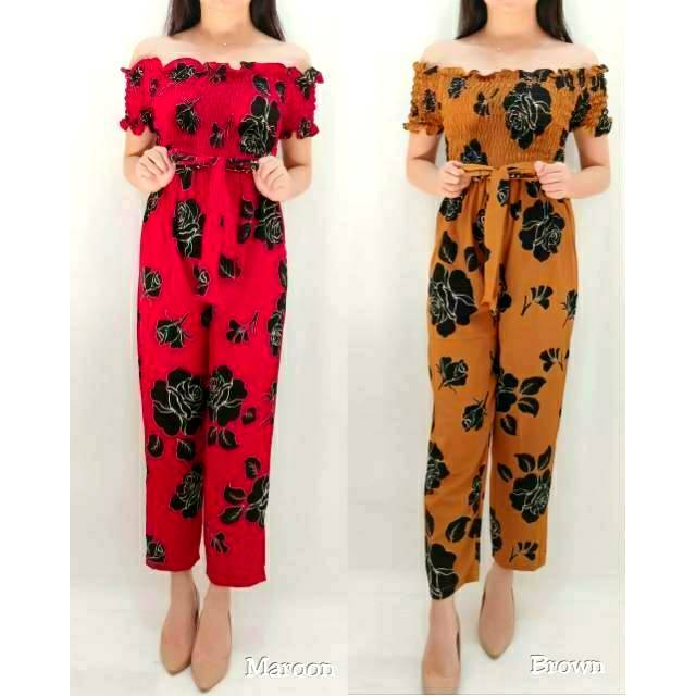 JUMPSUIT KERUT SABRINA FLORAL / FLOWER BUNGA TALI DEPAN IMPORT