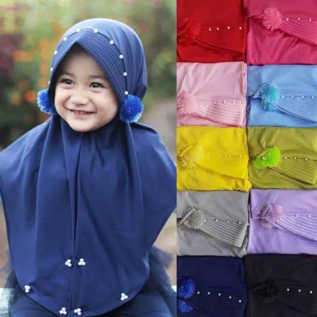 Kerudung Anak Pom Pom Cha Cha usia 3-7 th all size