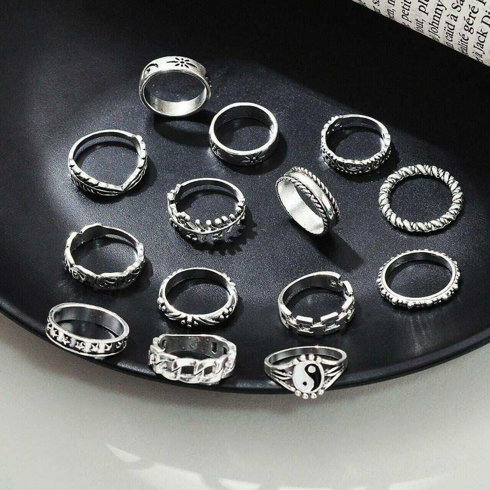 Lily Yin Yang Knuckle Set Cincin Wanita Kepribadian Bulu Gajah Tengkorak Rings Vintage Punk