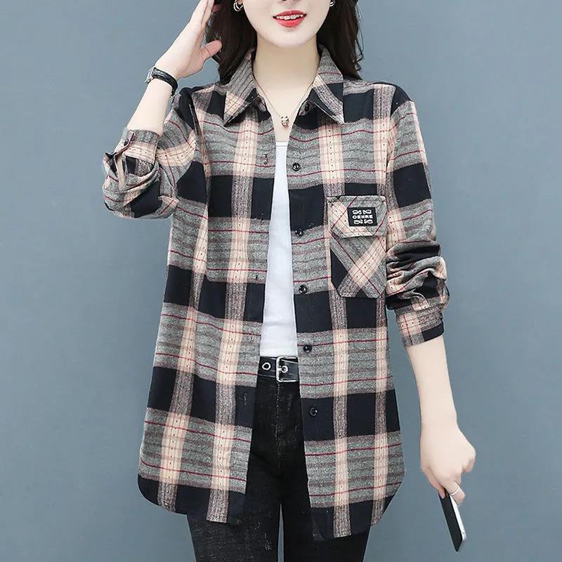 2021 spring and autumn new loose and thin plaid shirt for women with foreign style aging jacket for