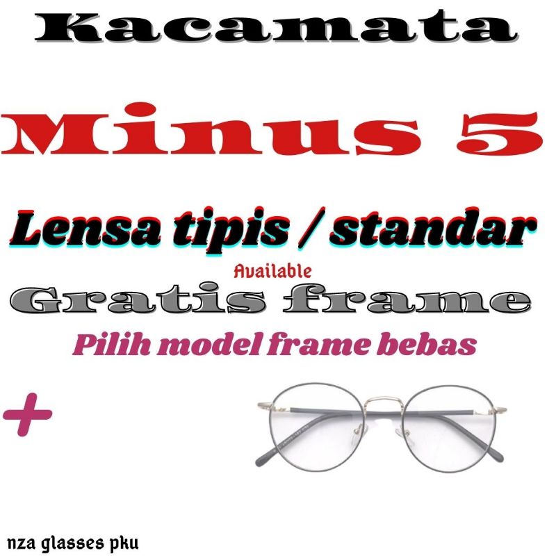 kacamata minus 5 lensa tipis hi index 1.67  standar optik, dengan frame kualitas terbaik, bebas pili
