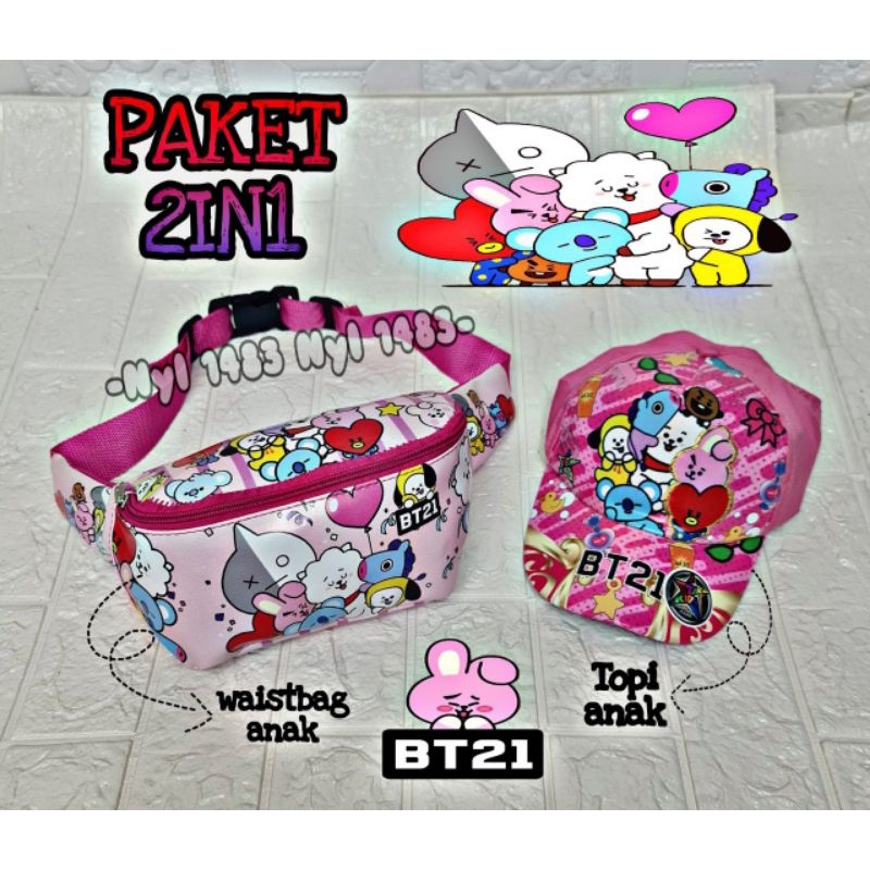 Paket 2in1 tas waistbag anak BT21 tas selempang anak perempuan+ topi anak