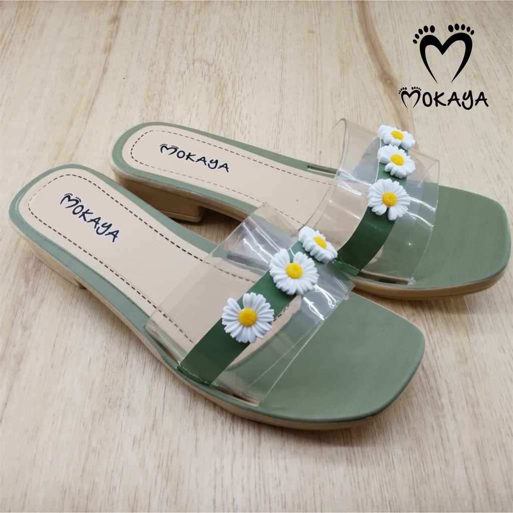 Sandal Slop Wanita hak 2cm Mika Bening 3 Bunga kecil Cantik Import Mokaya / size 36-40 (LLJ-168-2)-Hijau