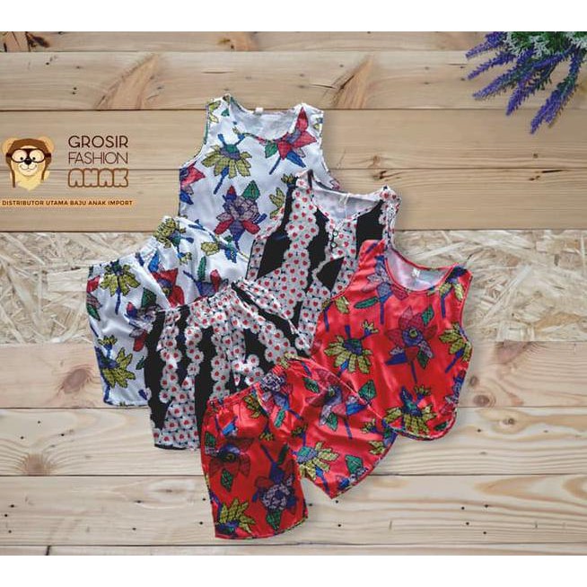 Piyama Baju Tidur Anak Tanpa Lengan Celana Pendek Satin Import - Size 13, Merah