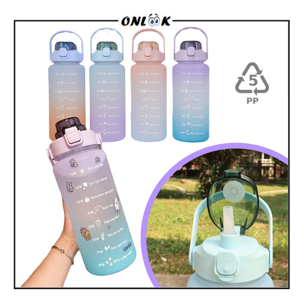 Botol Minum Viral 2 Liter Motivasi 2 Gradasi Warna / Bottle Jumbo 2L Penyimpanan Air Susu Teh Anti Tumpah / Wadah Penanda Waktu Minum Tritan 2000ml FOOD GRADE FREE STICKER dengan Tutup Pengunci / Tumbler Nagita Pelangi Untuk Sekolah Anak Dewasa