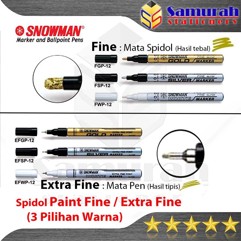 

Spidol Paint Marker Snowman Permanent Fine (F) / Extra Fine (EF) Warna Emas - Perak - Putih - Hitam / Gold - Silver - White - Black