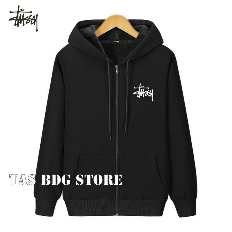 Jaket Hoodie Resleting STUSY Hitam Jaket Polos Hoodie polos Pria Wanita