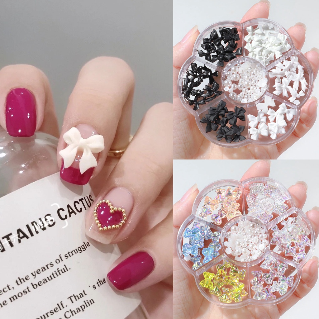 【 COD 】 HIASAN 7KOLOM/12KOLOM  SMALL NAIL BOW RESIN 3D MIX NAILART RESIN MIX COLOR PEARL NAILART CHARMS GOLD HARDWARE